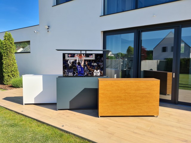 Outdoor TV Lift Schrank - Kompaktplatte im Holzdekor